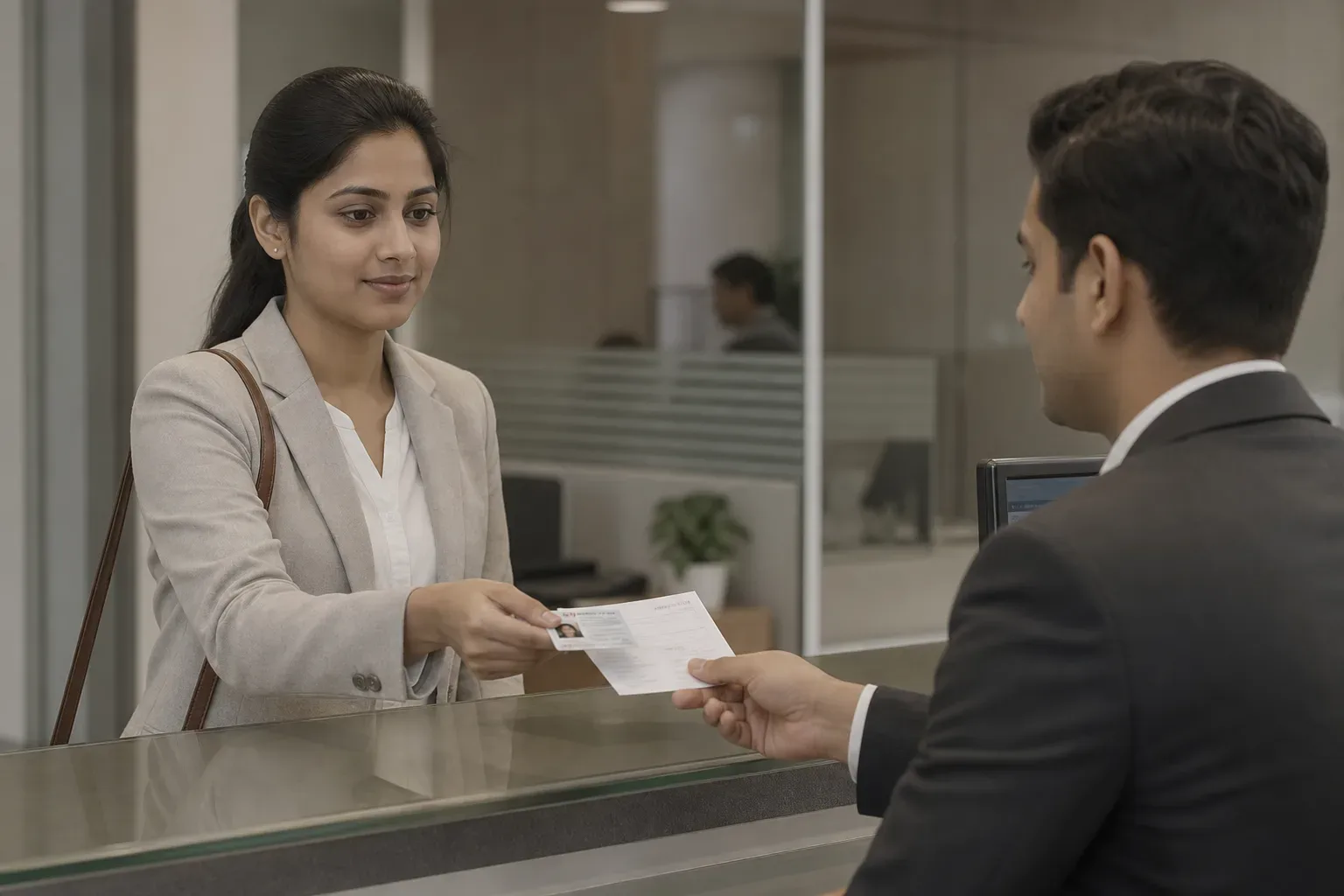 A young professional handing over an identification card and payslip to a bank officer across a counter