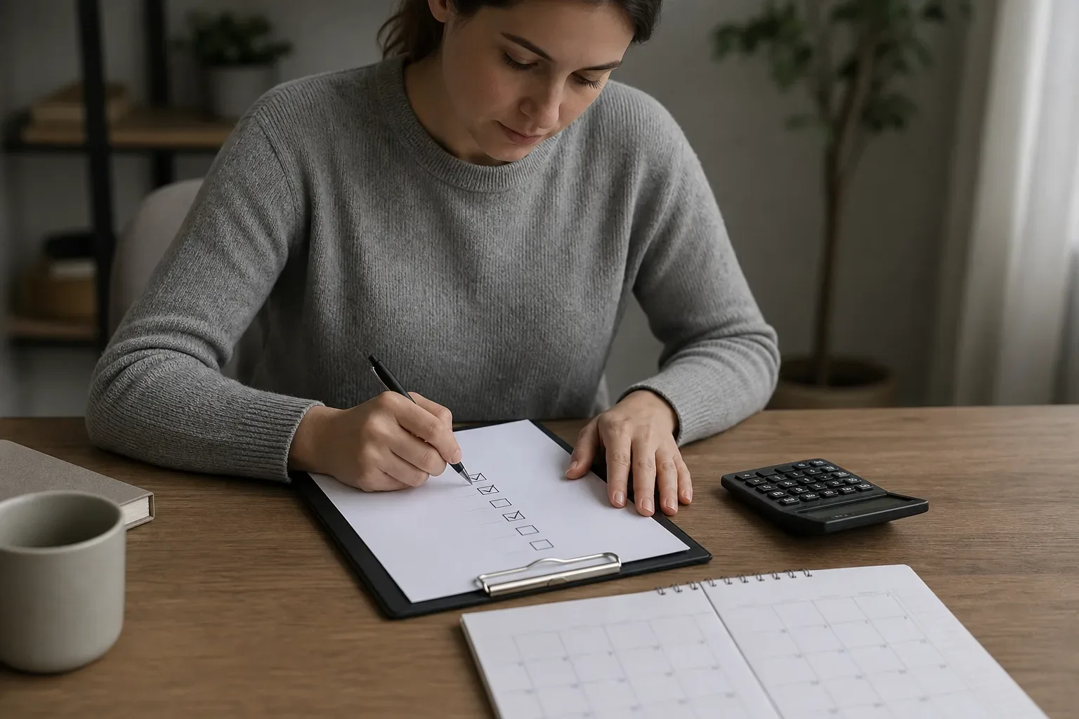 A person marking off a checklist on a clipboard next to a calculator and monthly calendar