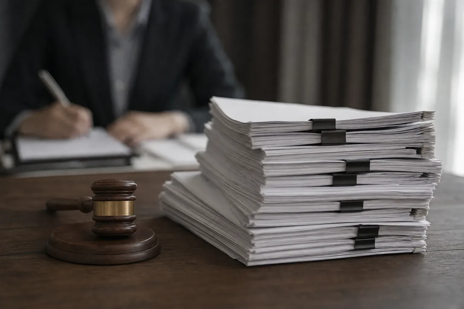 A stack of official-looking regulatory documents next to a small gavel on a wooden surface