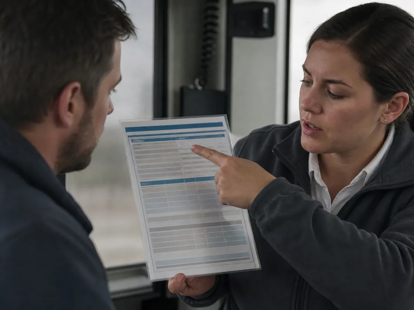 A person pointing at a rate ceiling figure on a laminated regulatory reference card