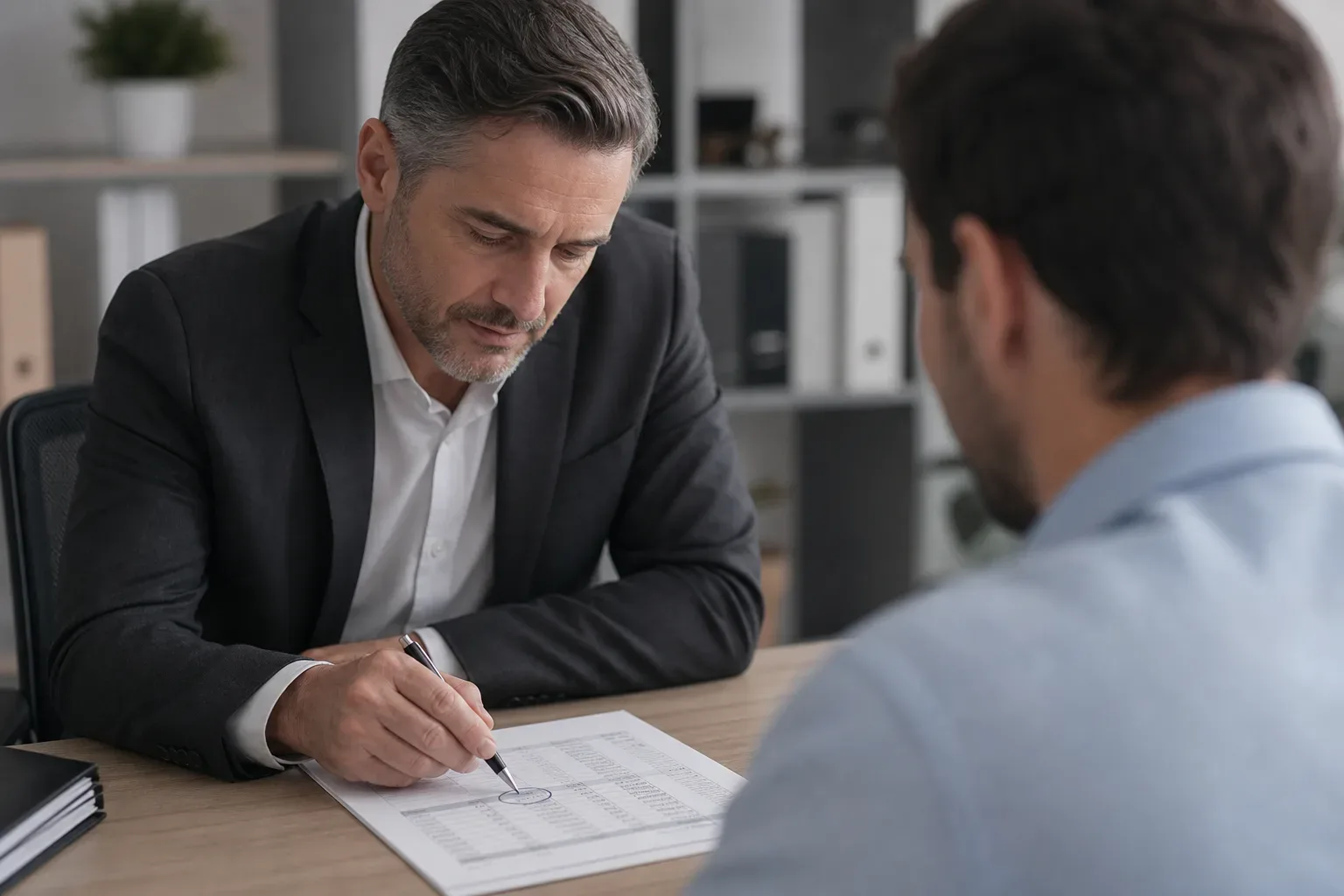 A lender using a pen to circle a specific figure on an applicant's income document