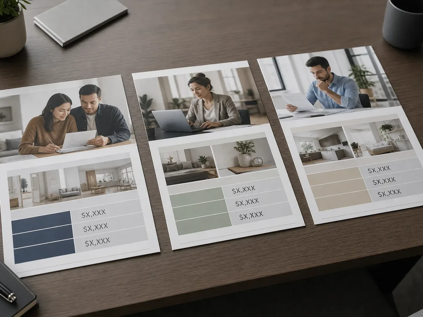 A row of three different loan brochures arranged on a desk with income figures visible as placeholders