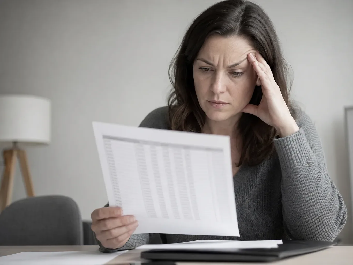 A person staring at a credit record printout showing rows of financial history data