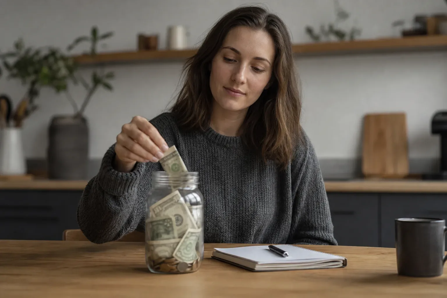 A person depositing cash into a savings jar on a kitchen table with a notepad nearby