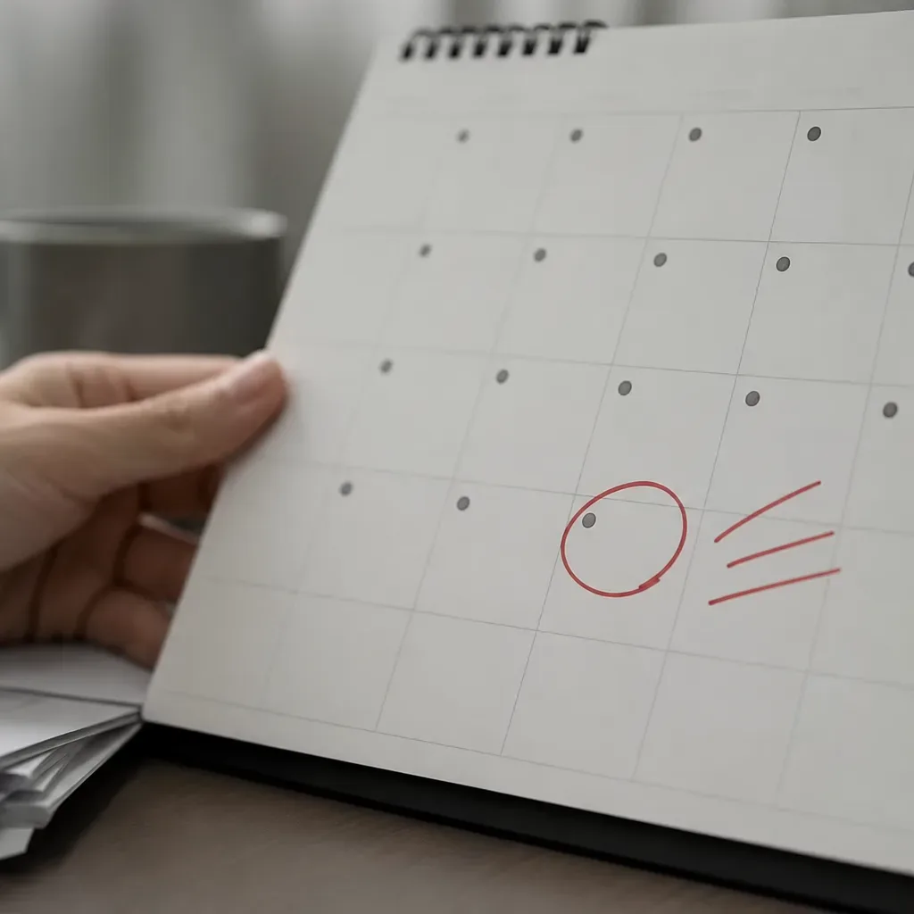 A close-up of a calendar with a payment due date circled and a past-due note written next to it
