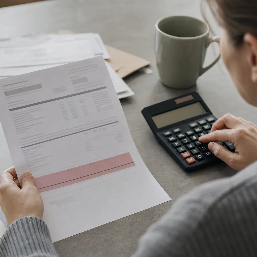 A close-up of a late-payment fee notice placed next to a calculator showing an increased total