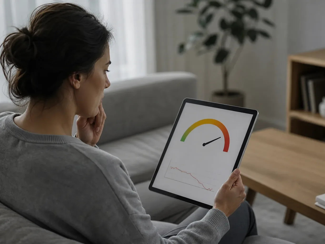 A person watching a credit score indicator drop on a financial app displayed on a tablet