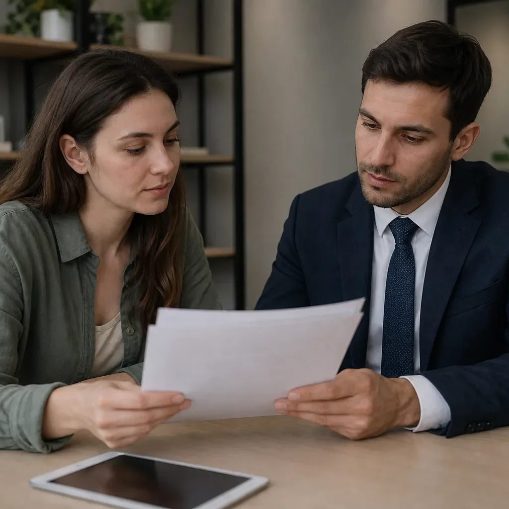 A borrower and a bank adviser seated together reviewing a revised repayment plan document