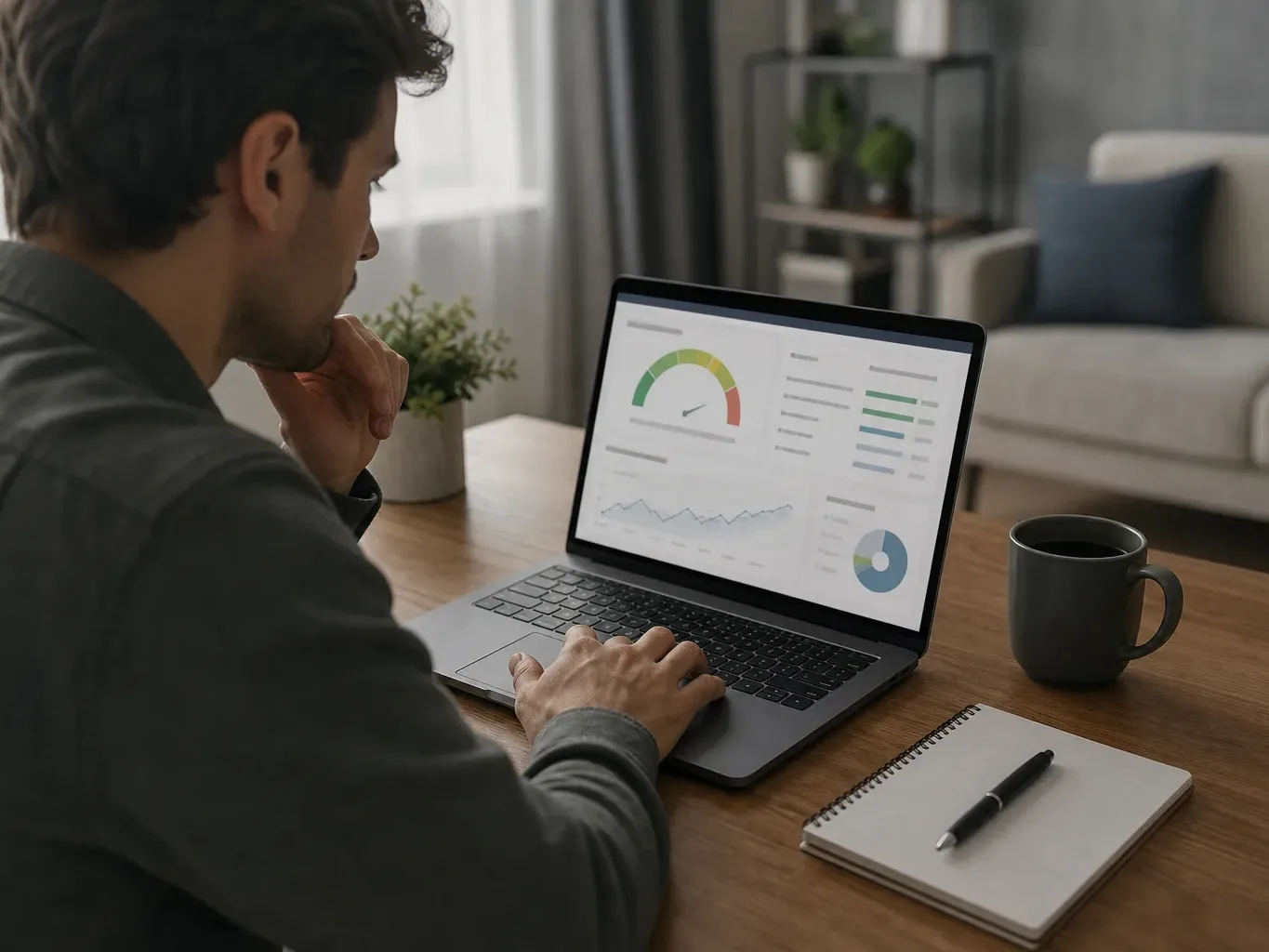 A person using a laptop to view a credit report on screen with a notepad beside them