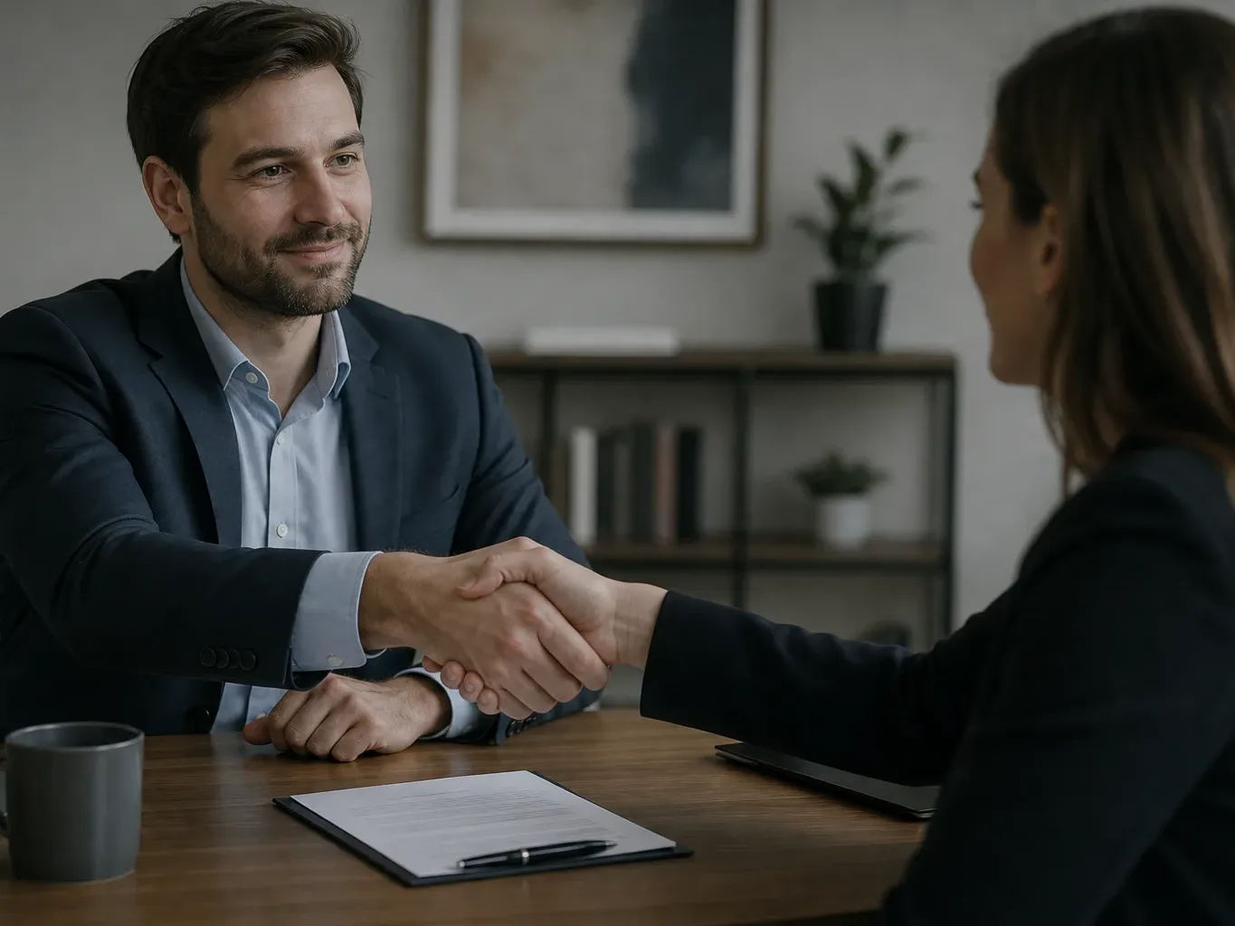 A handshake between two people over a desk with a signed document visible underneath