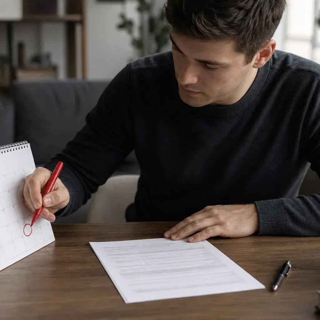 A person circling a date on a desk calendar with a red marker next to a loan form