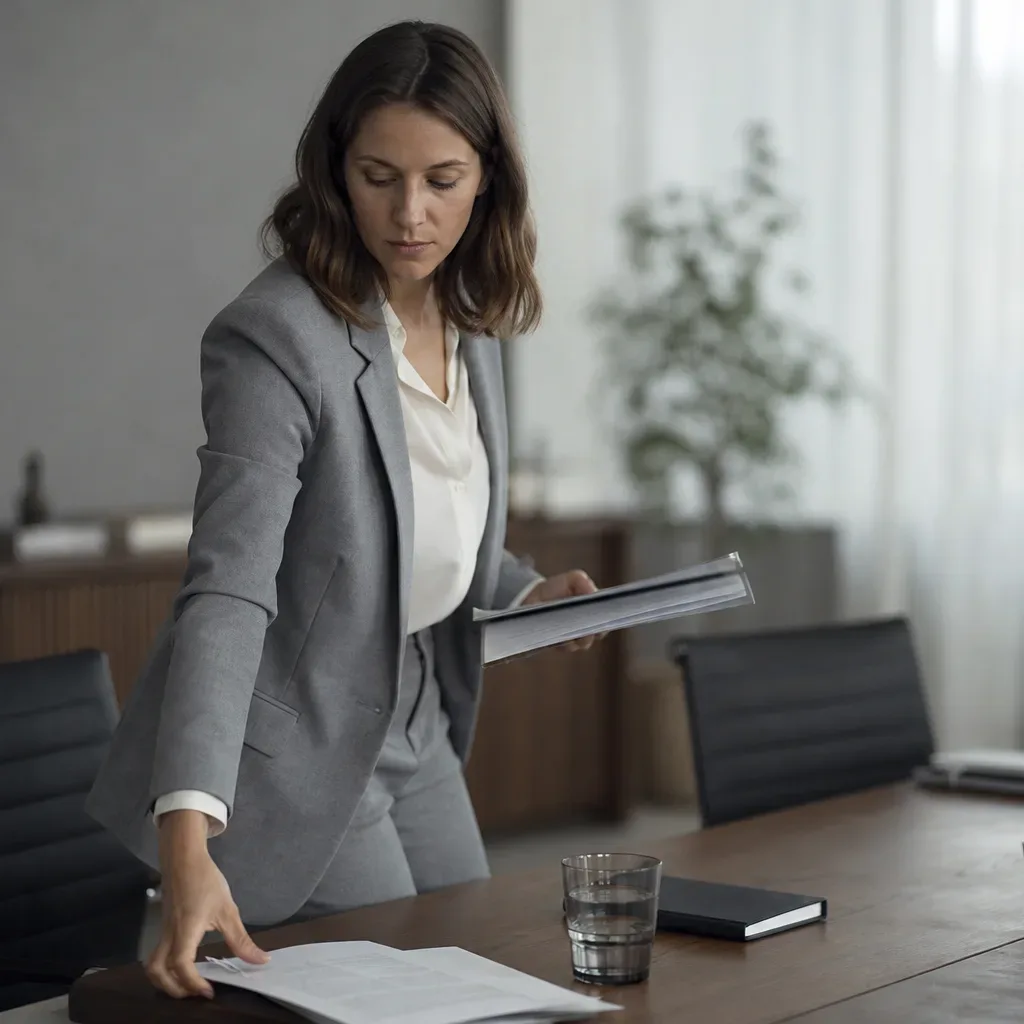 A person standing up from a chair and gathering their papers from a meeting table