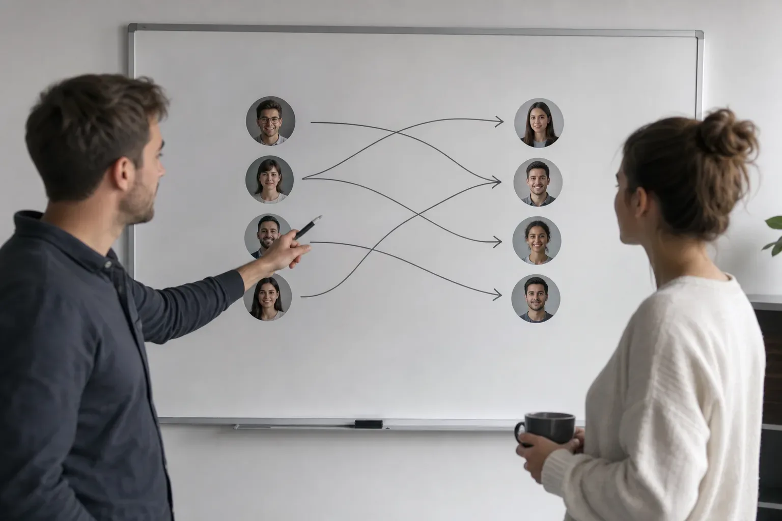 A diagram on a whiteboard showing arrows connecting individual investors to individual borrowers