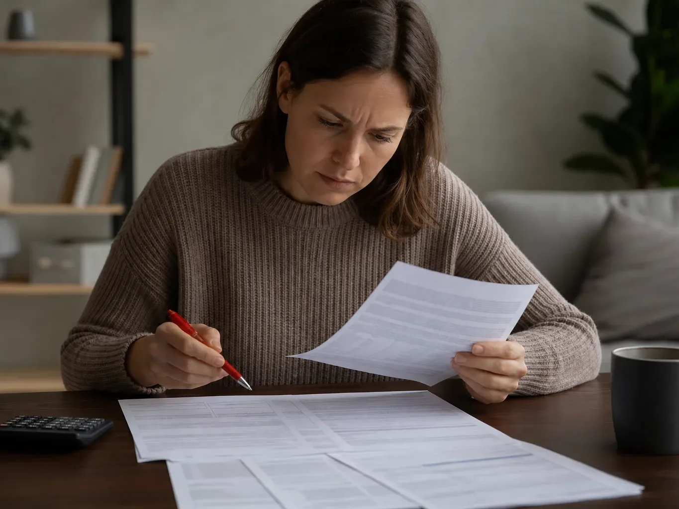 A person reading a warning section of a financial document with a red pen in hand