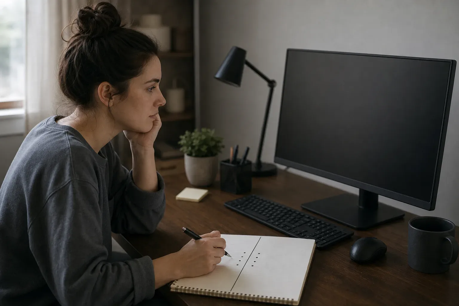 A person sitting at a desk with a notepad listing pros and cons while looking at a computer screen