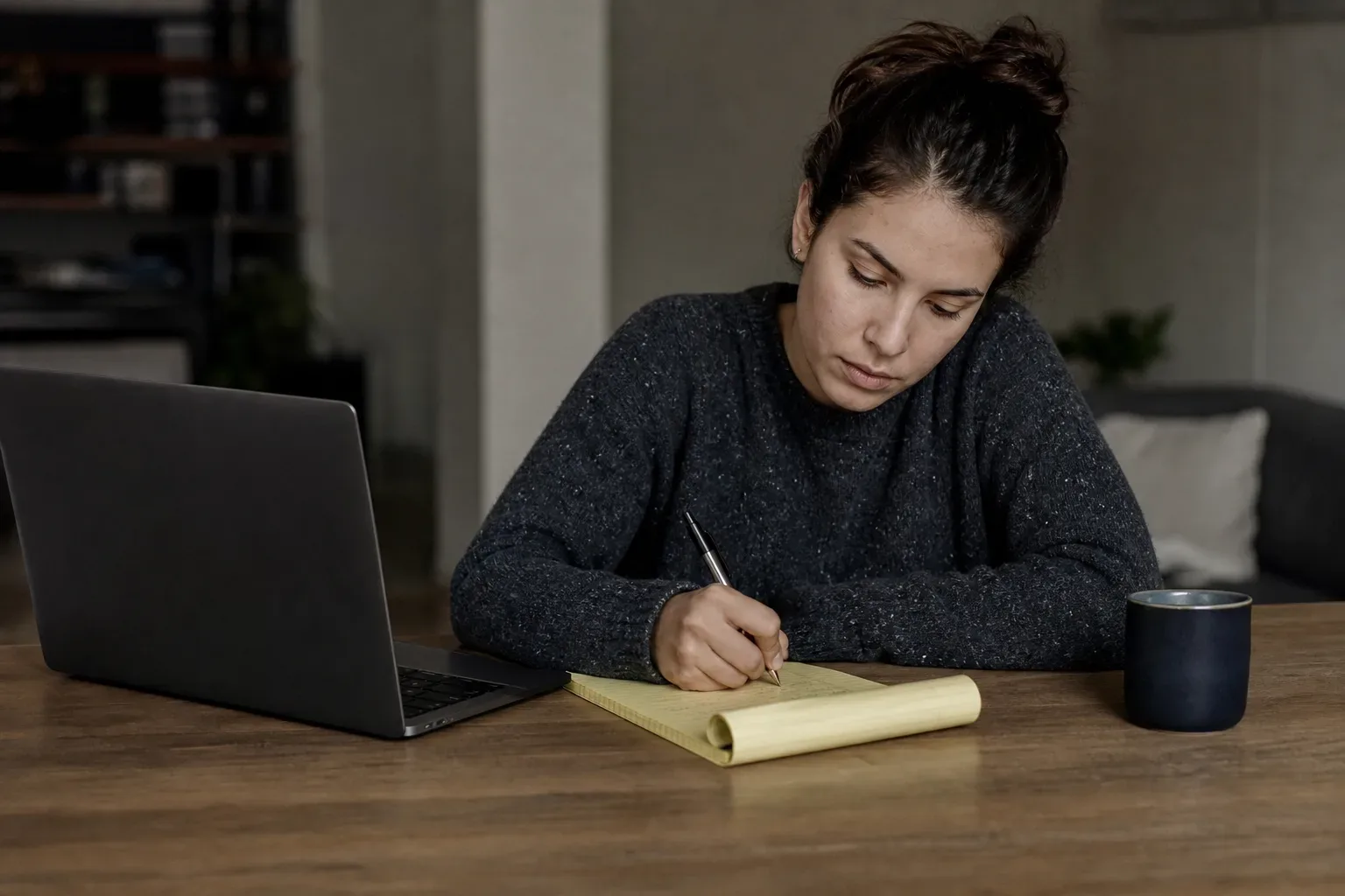 A person writing a list of questions on a yellow legal pad with a laptop open nearby