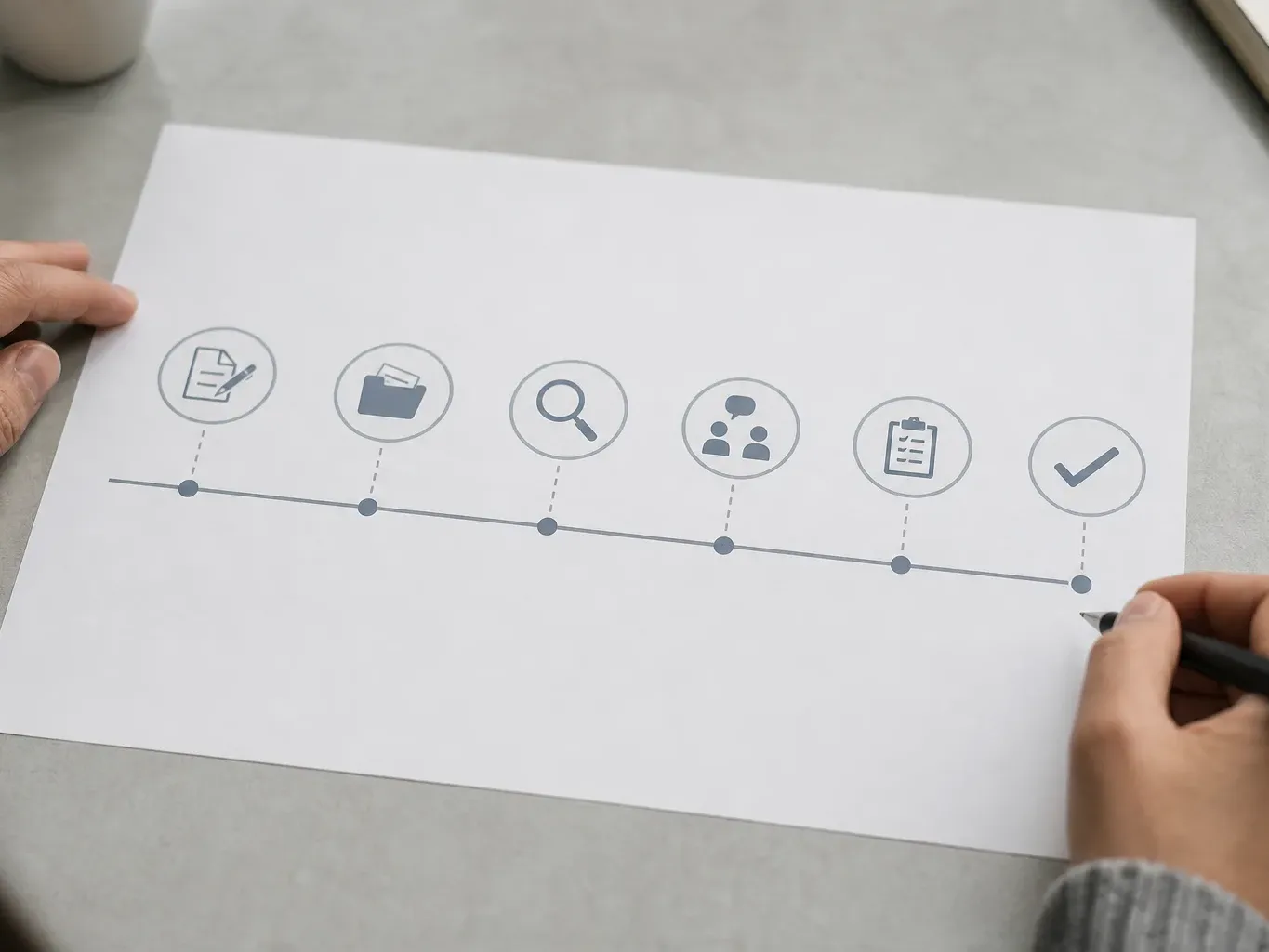 A timeline diagram on paper showing stages from application to approval with time markers