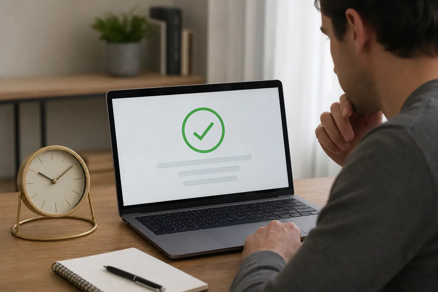 A clock on a desk next to a laptop showing an online loan confirmation page
