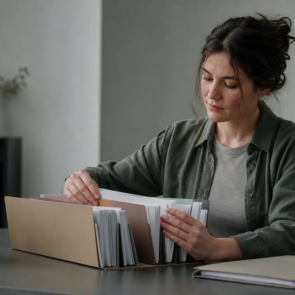 A person arranging a set of pre-sorted documents in labelled folders before submitting them