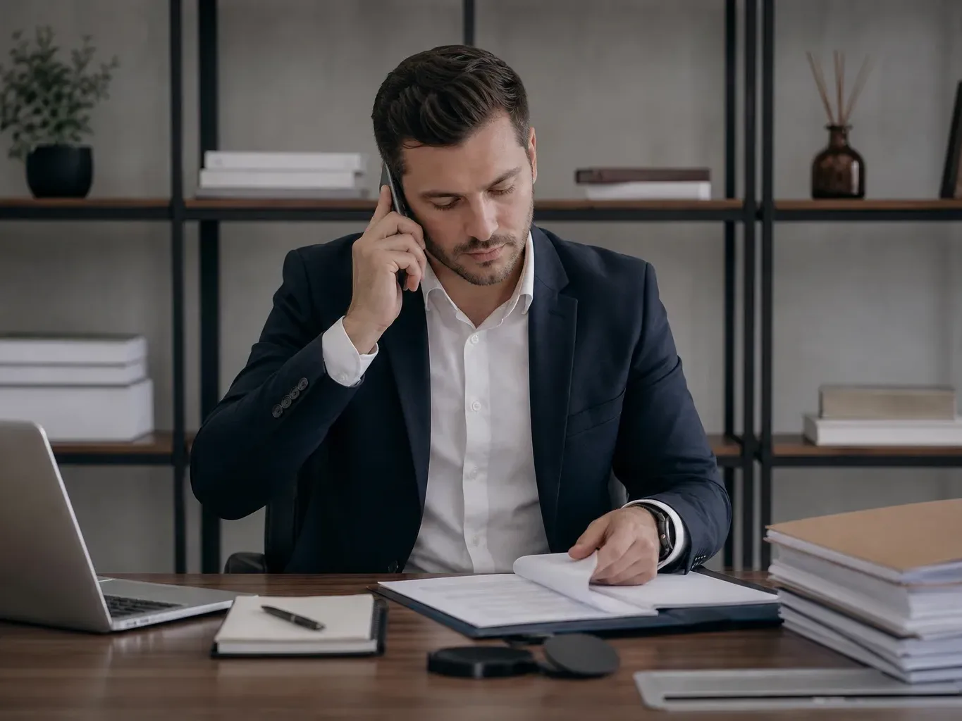 A broker on a phone call while simultaneously organising loan files on a tidy desk