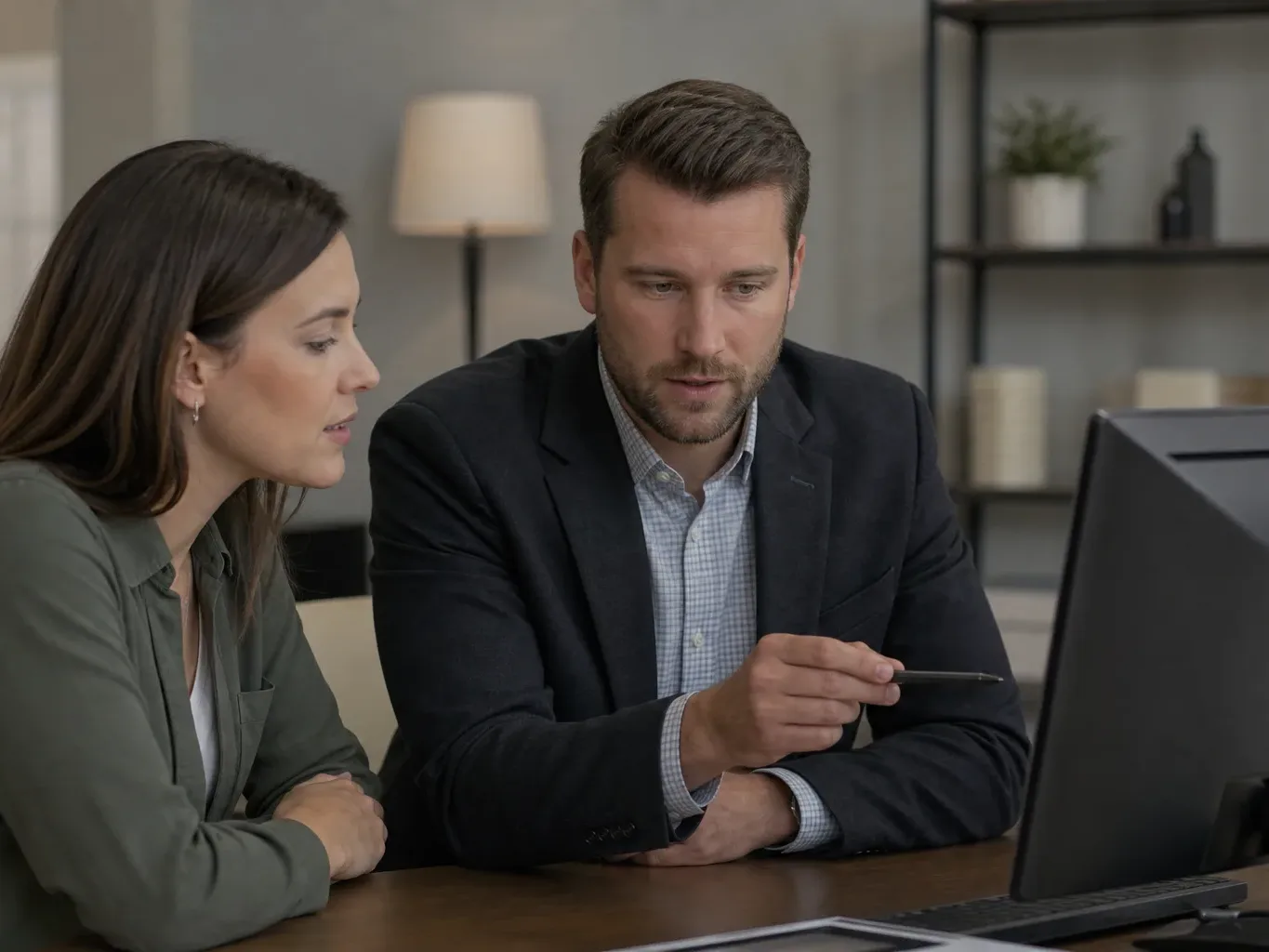 A broker walking a client through a step-by-step application form on a shared computer screen
