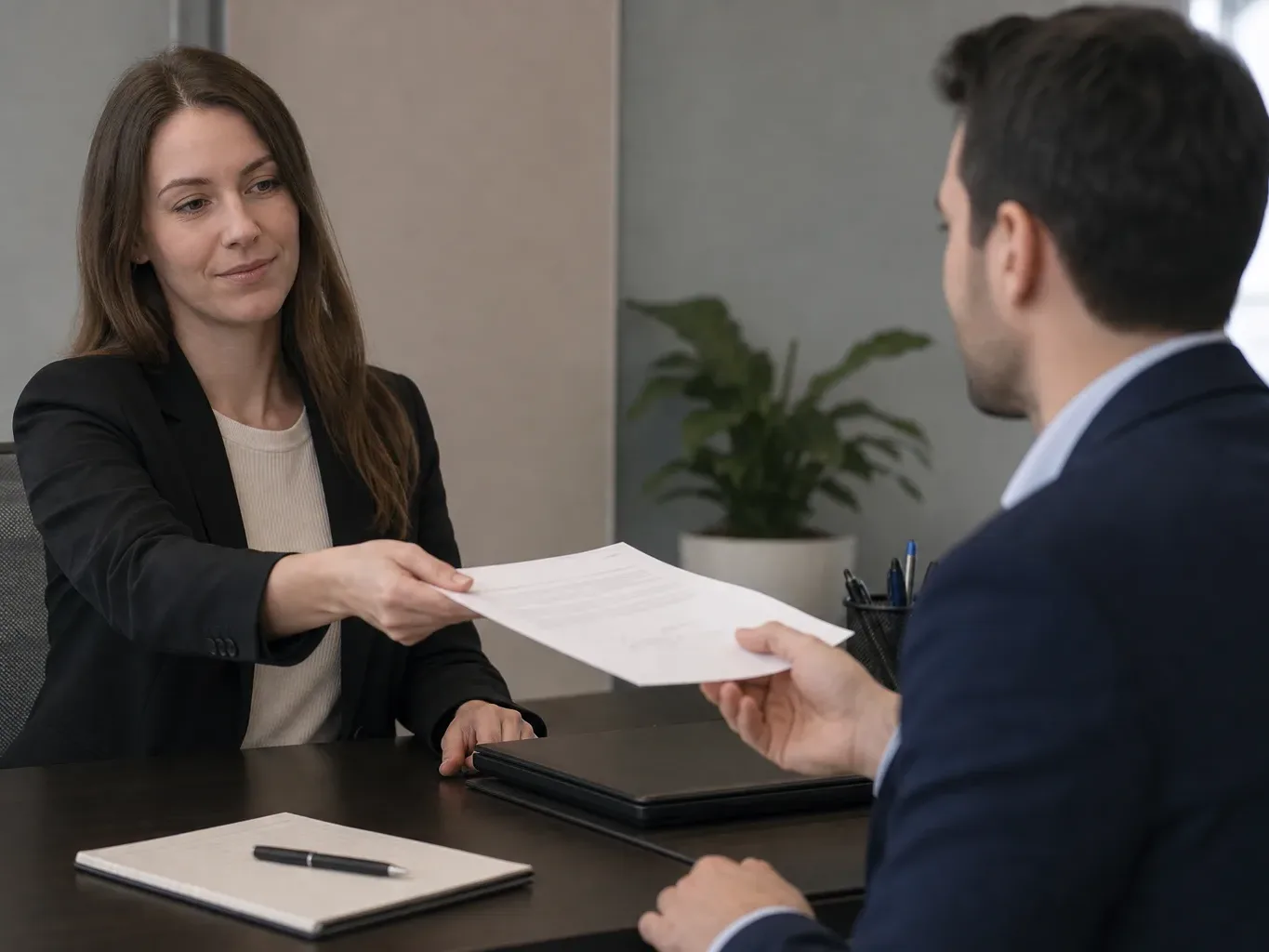 A person handing over a signed credit check consent form to a financial adviser