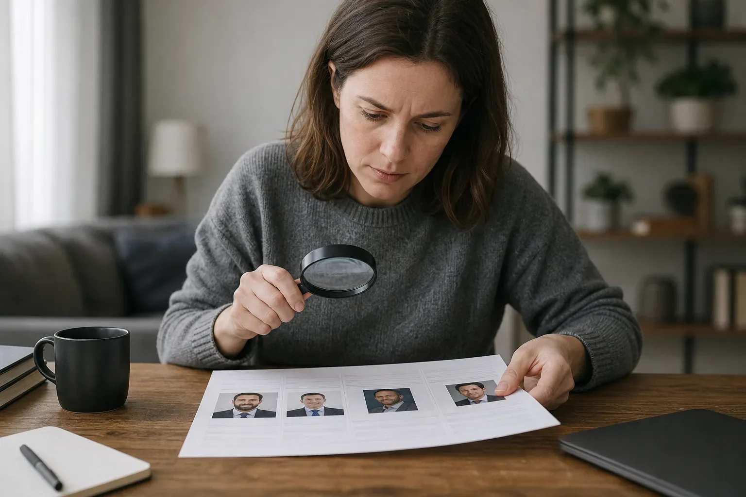 A person comparing broker profiles on a printed sheet with a magnifying glass in hand
