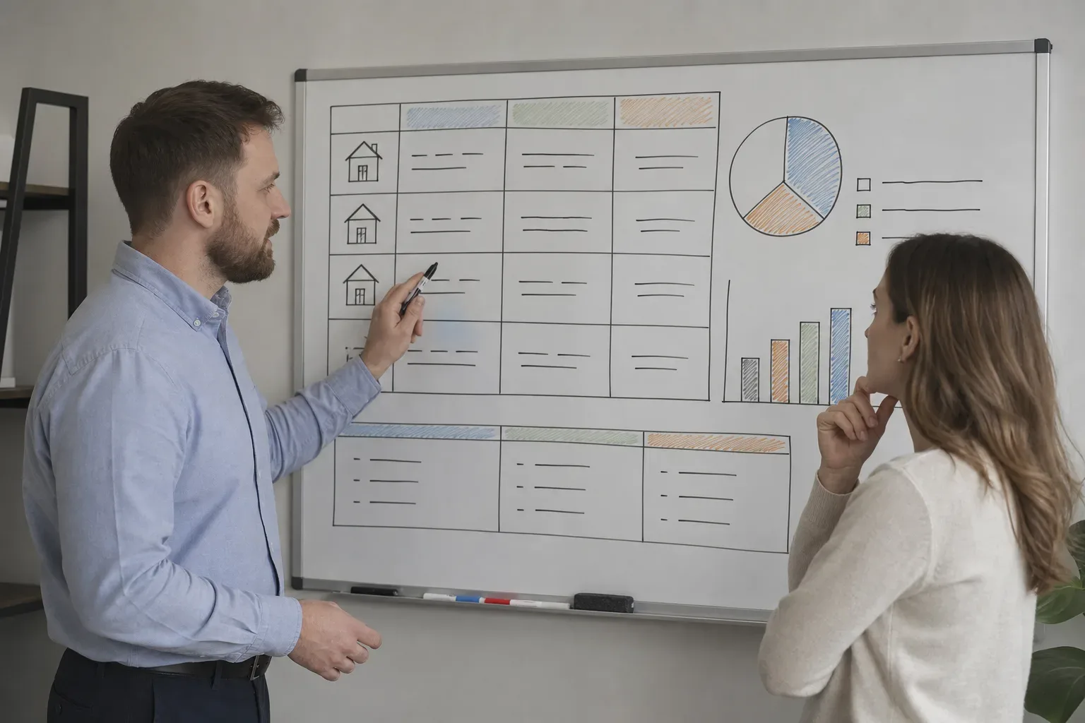 A detailed monthly payment breakdown written on a whiteboard with principal, interest, and fee sections