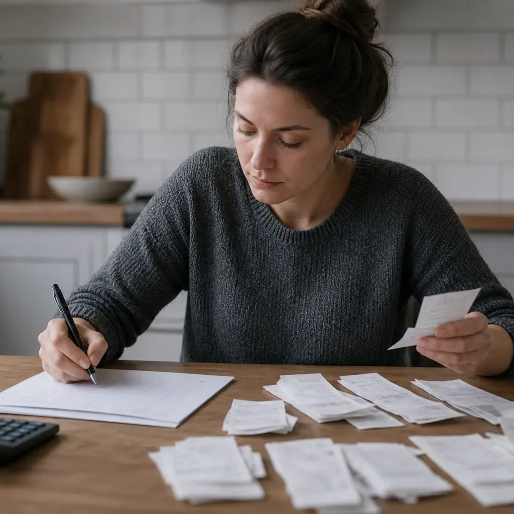 A person sorting receipts by category on a kitchen table while filling in a budget worksheet