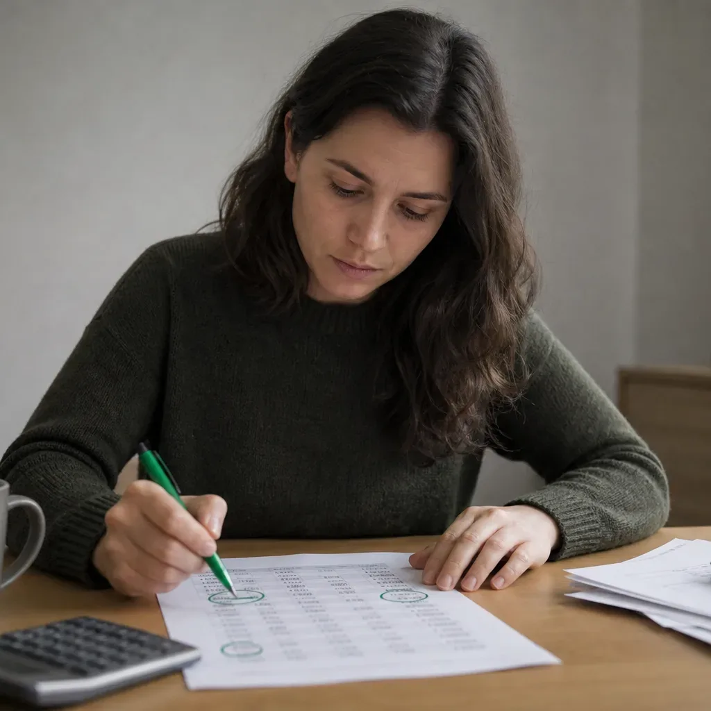A person circling extra payment opportunities on a loan schedule printout with a green pen