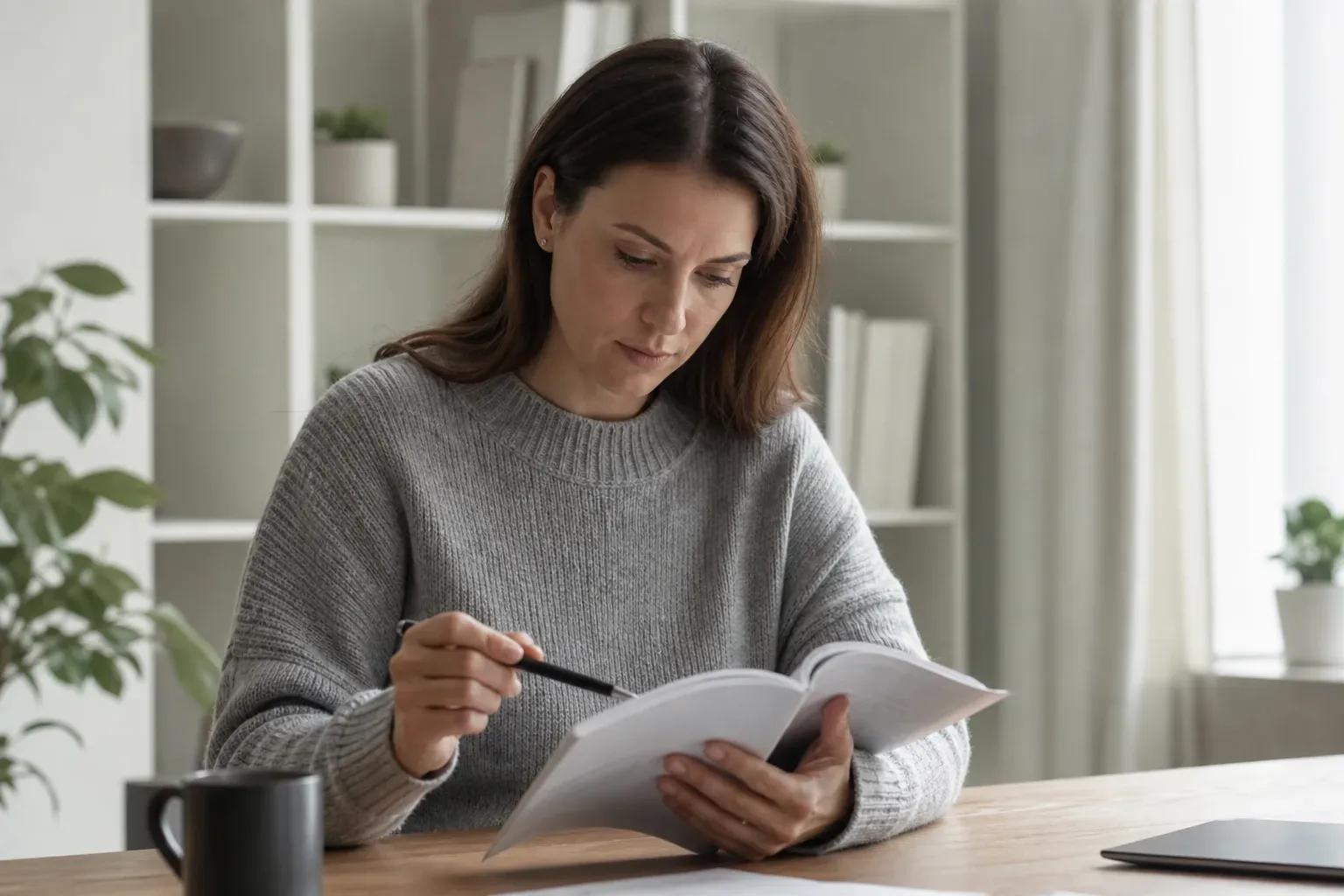 A person reviewing a tax deduction section in a financial guide booklet with a pen in hand