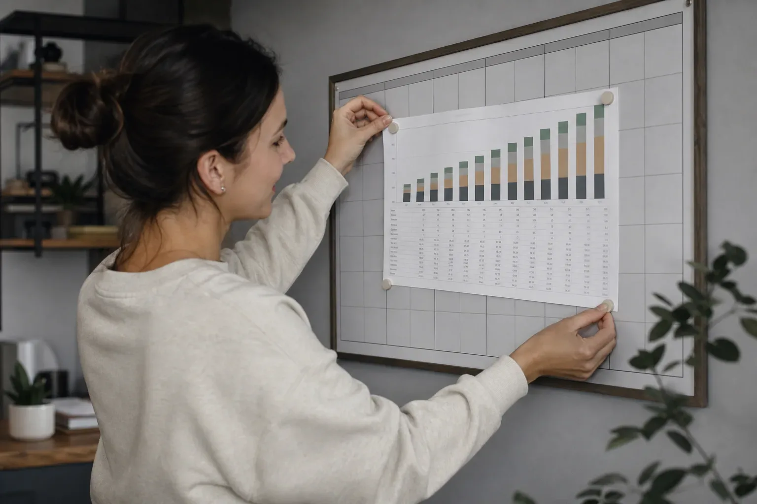 A person pinning a long-term monthly budget chart to a wall planner and reviewing it with satisfaction