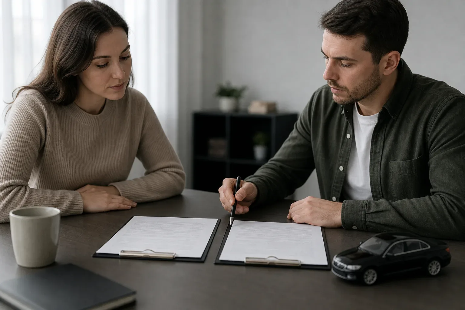 A side-by-side diagram showing a personal loan document and a car finance agreement on a desk