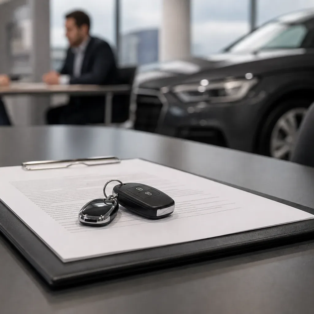 A loan agreement and a set of car keys placed together on a showroom table