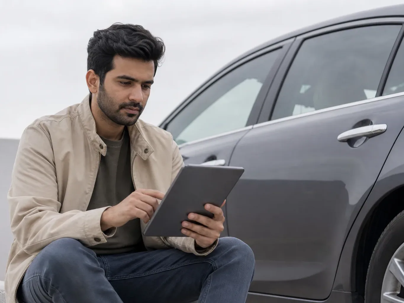 A person reading a personal loan eligibility FAQ on a tablet while seated next to a parked car