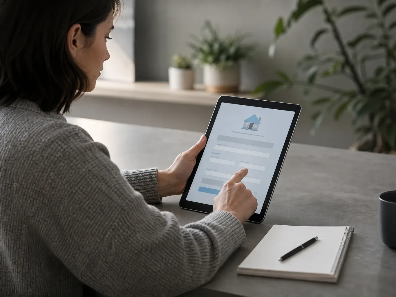 A person at a desk completing an online loan application on a tablet with a pen and notepad nearby