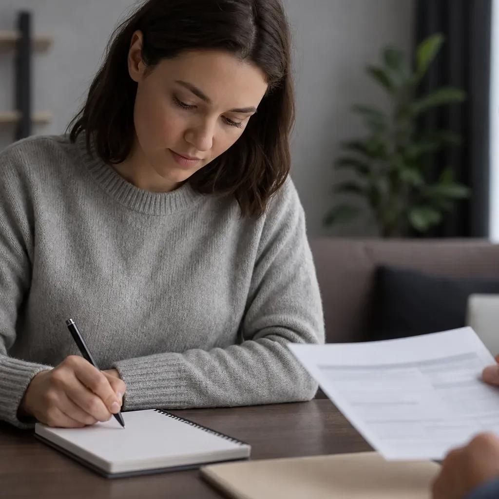 A person writing down key figures from a loan quote onto a notepad before signing