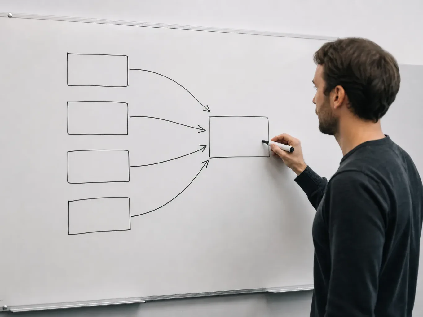 A person drawing arrows on a whiteboard combining several debt boxes into one single box