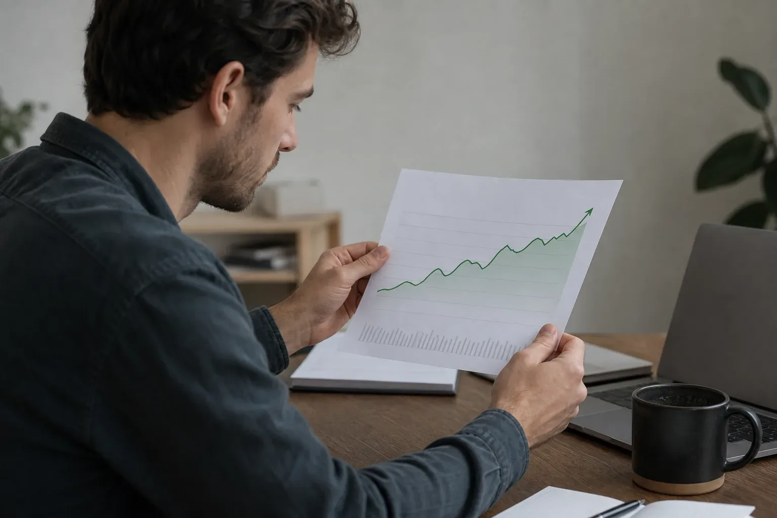 A credit score graph printout with a highlighted upward trend being reviewed at a desk
