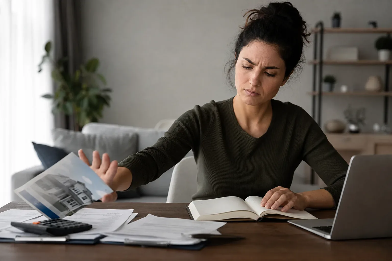 A person shaking their head and pushing a loan brochure aside while looking at a budget planner