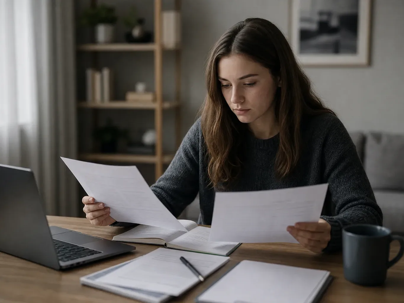 A student reviewing a student aid statement alongside a tuition invoice on a desk