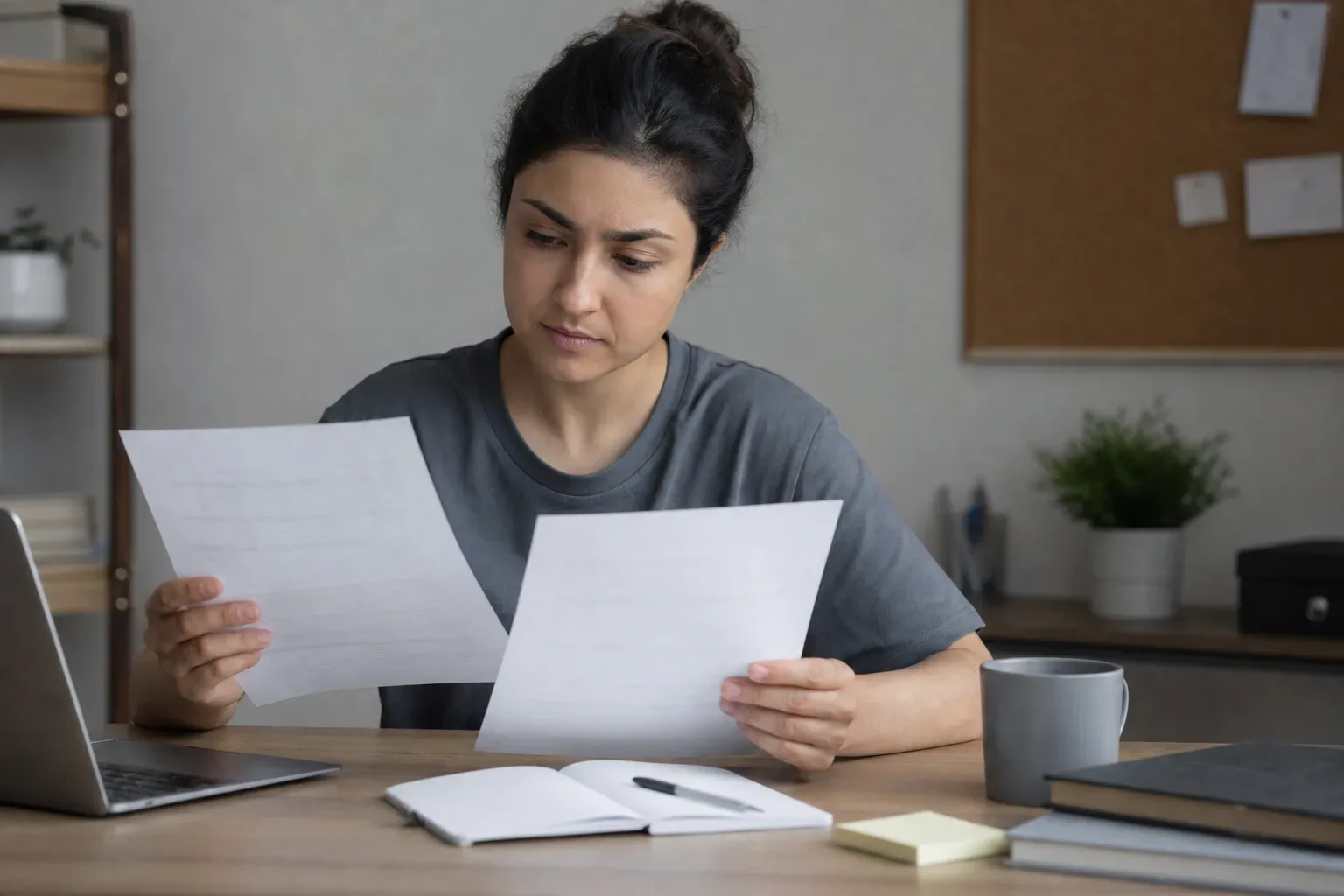 A person comparing a tuition invoice with a personal loan offer document on a study desk