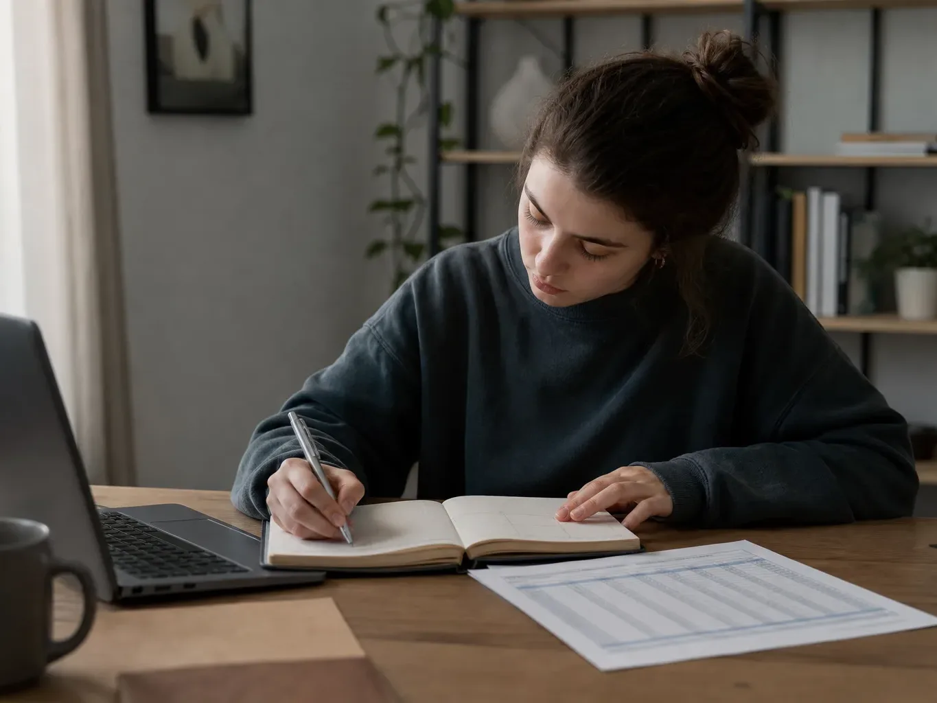 A printed loan term schedule with monthly payments and interest columns laid beside a student planner