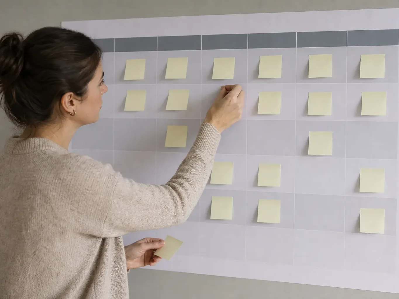 A person placing sticky notes labelling different lender criteria on a wall-mounted comparison chart