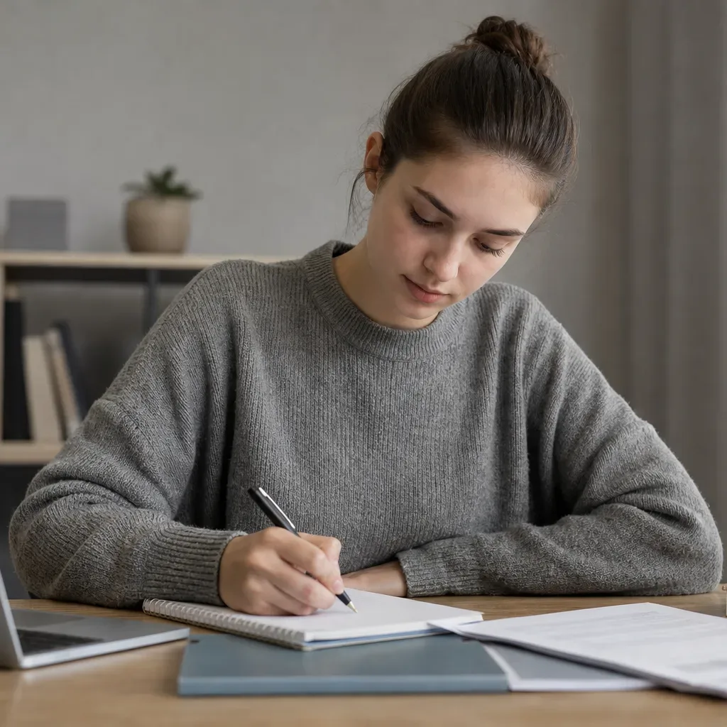 A student writing an action plan in a notebook listing financial steps before submitting a loan application