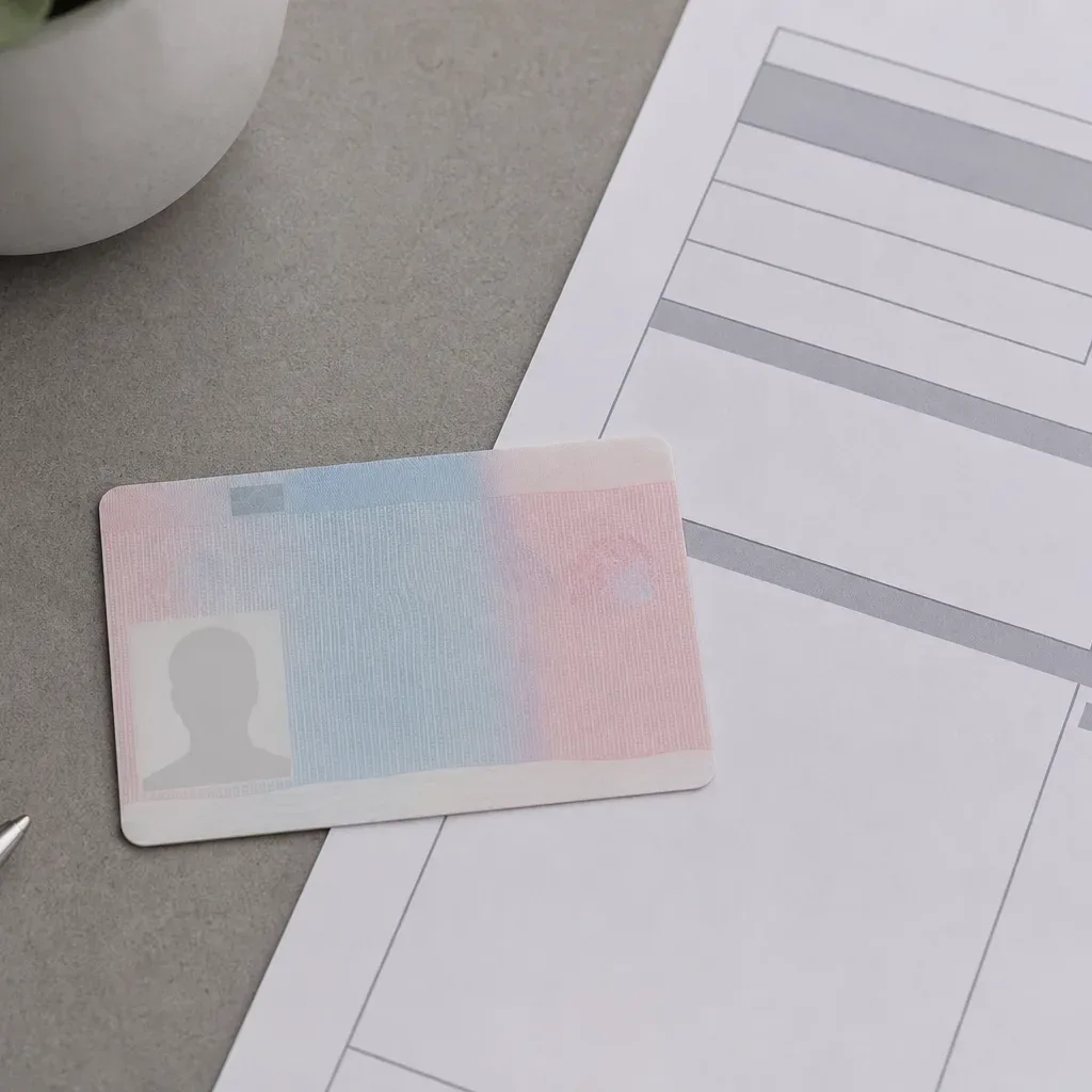 A residence permit card and a payslip laid flat on a desk surface