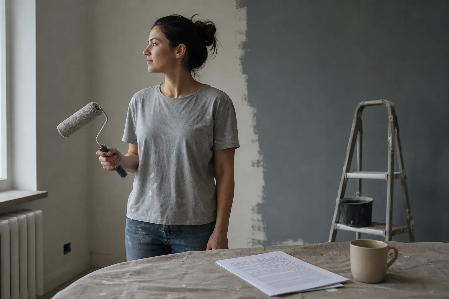 A person holding a paint roller near a half-painted interior wall with a loan contract visible on a nearby table