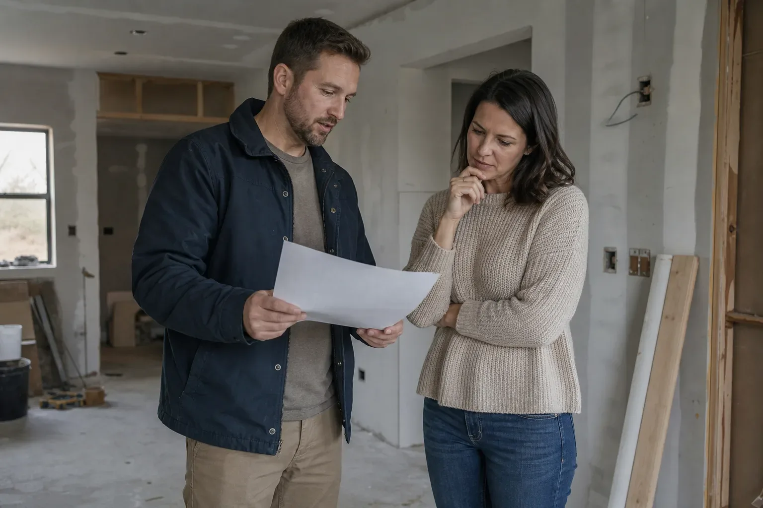 A contractor showing a cost estimate document to a homeowner in a partially renovated room