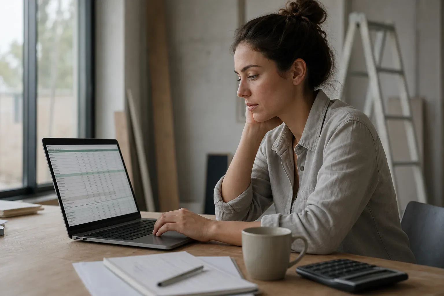 A spreadsheet on a laptop showing a renovation budget tracker with loan repayment rows included