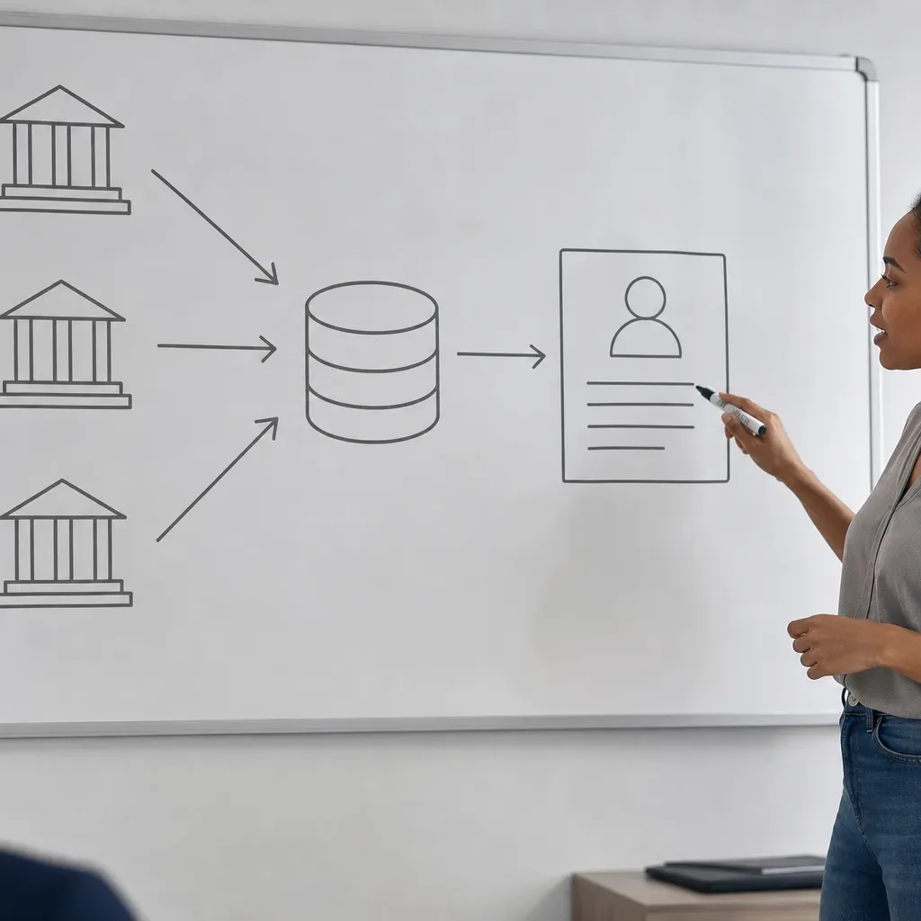 A diagram on a whiteboard showing data flowing from lenders to a credit bureau and then to a borrower's report